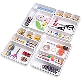 Set of 16 Interlocking Desk Drawer Organizer Tray Dividers Plastic Shallow Narrow Drawers Organizers Separators Storage Bins Container for Kitchen Bathroom Makeup Office Vanity Bedroom Dresser White