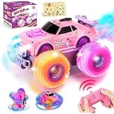 Drefirsa Princess Remote Control Car for Girl, Pink Monster Truck with DIY Sticker, Headlight, Colorful Wheel Light, Rotation, Spin and Spray, Toy Cars for Girl Age 4-6 6-8 8-12 Birthday Gift