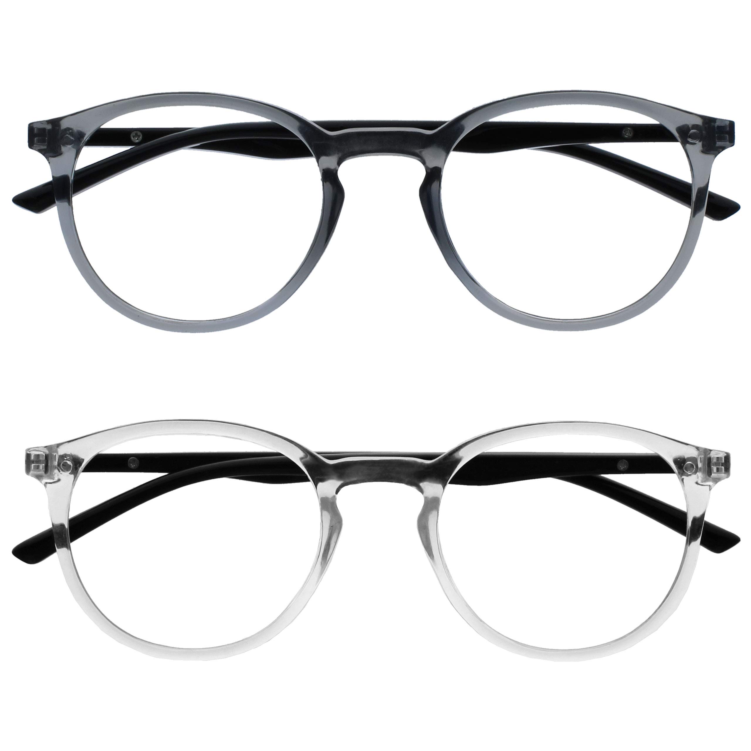 OPULIZE MET Reading Glasses for Women Men, Slim Round Frame with Spring Hinges and Scratch Resistant, Grey,Clear +0 (Pack of 2)