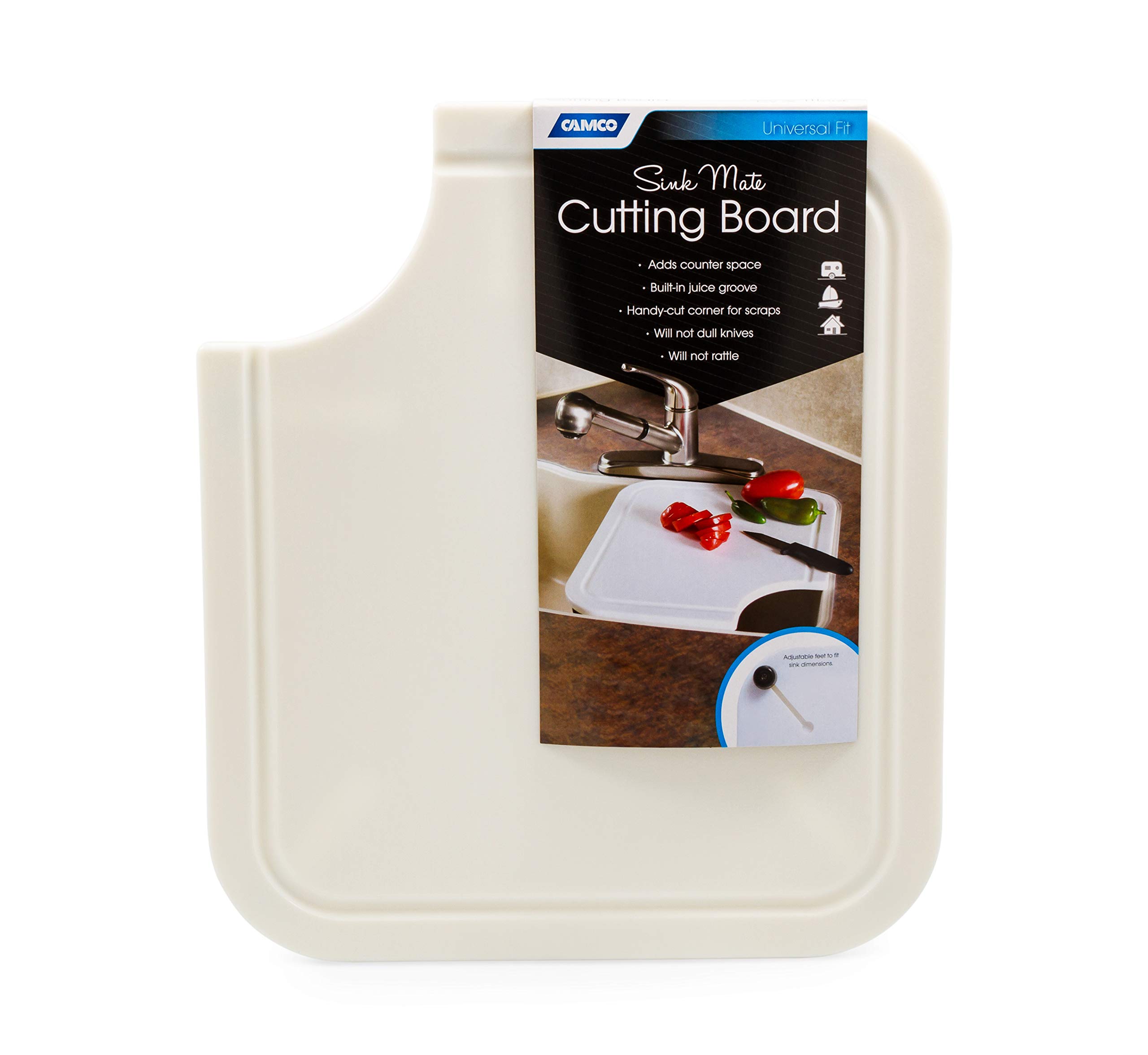 Camco Camper/RV Sink Mate Cutting Board | Features Built-In Juice Groove & Cut Corner for Scrap Disposal | Designed w/Adjustable Rubber Feet for Different Sink Sizes | Expand Kitchen Workspace (43857)