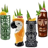Tiki Mugs Cocktail Set of 4 - Tumblers Ceramic Hawaiian Luau Party Mugs Drinkware, Cute Exotic Cocktail Glasses, Tiki Bar Professional Hawaiian Party Barware, TKSET0003 (4PCS)