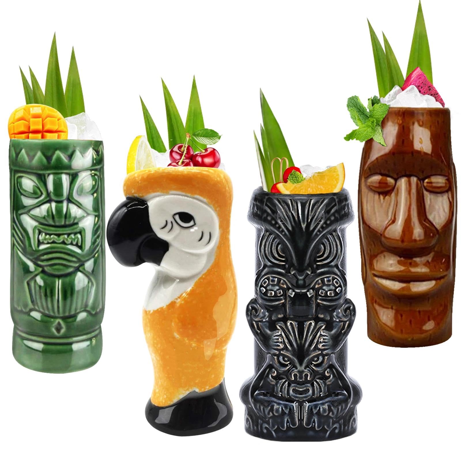 Tiki Mugs Set of 4 Hawaiian Luau Ceramic Cocktail Glasses, Cute Exotic Cocktail Glasses, Exotic Cocktail Glasses, Professional Tiki Bar for Hawaiian Party, TKSET0003 (4