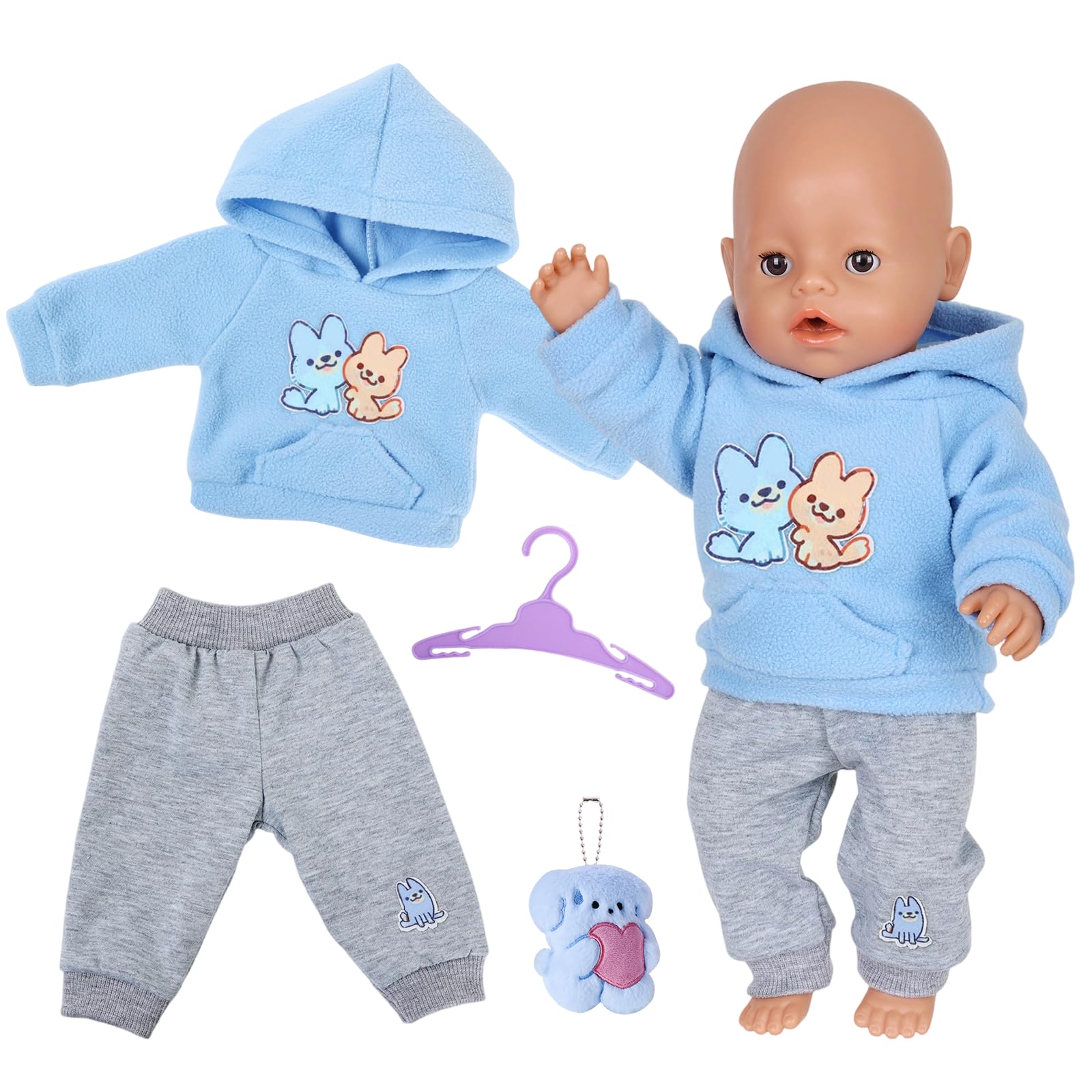 Blue Doll Clothes for 12-18 Inch Baby Dolls, 30-45cm Cute Puppy Baby Doll Clothes Hoodie Pants Hanger Plush Dolls New Doll Clothes Outfits Accessories for Kids Birthday Gift