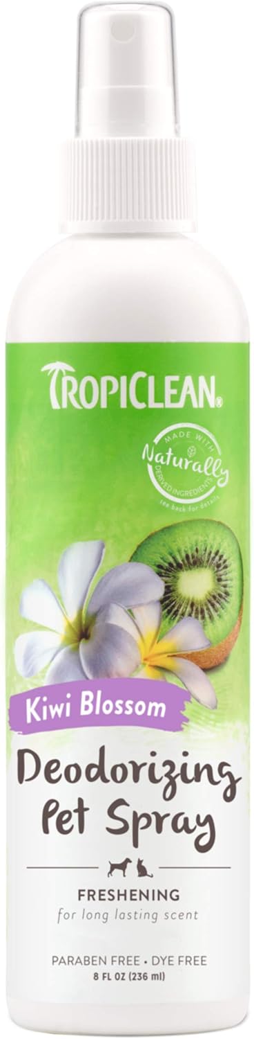 TropiClean Kiwi Blossom Deodorizing Spray for Pets, 8oz - Made in USA - Helps Break Down Odors to Effectively Deodorize Dogs and Cats, Paraben Free, Dye Free