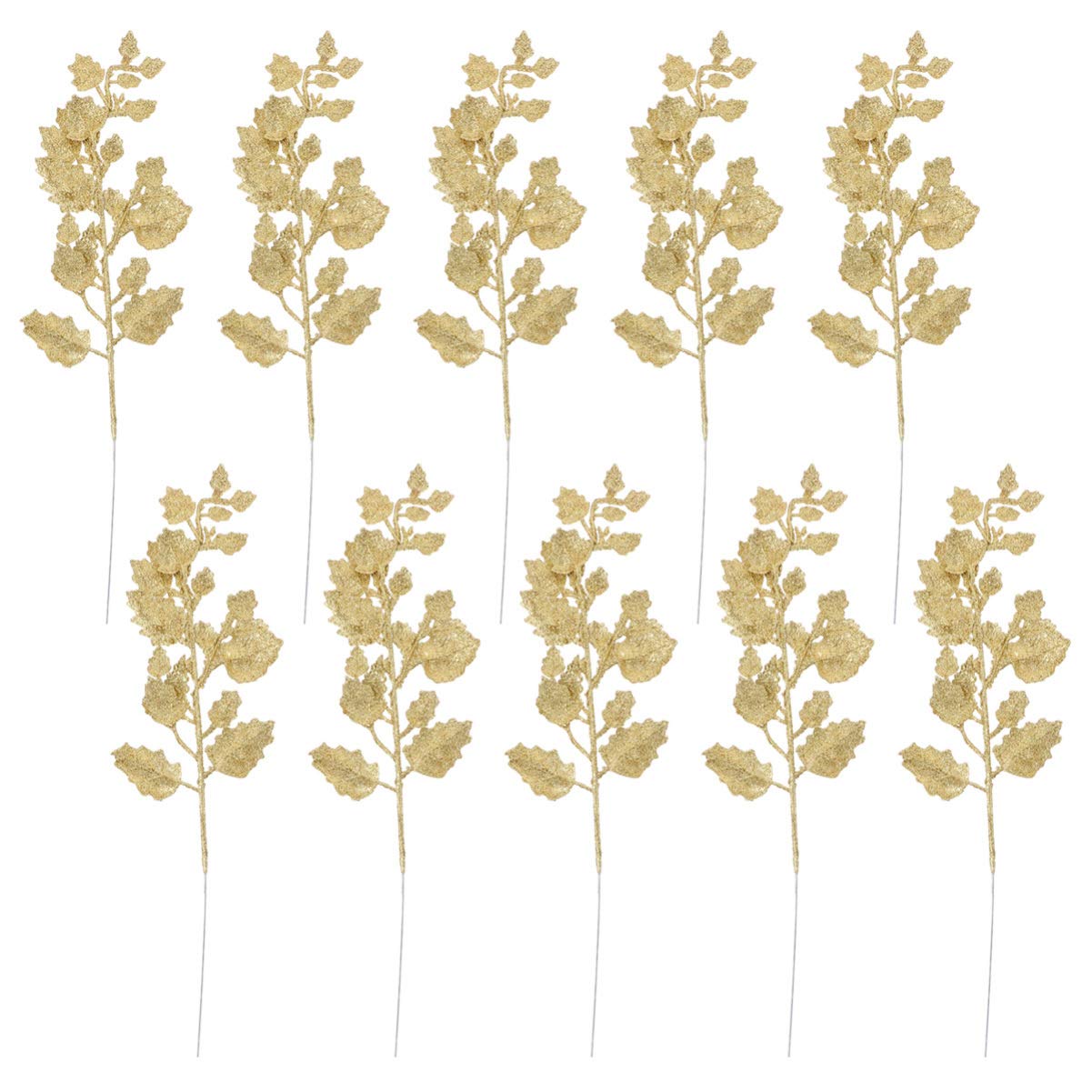 NUOBESTY 10Pcs Chinese Glitter Leaves Picks Sprays Artificial Holly Leaves Picks Stems Wired Twig Stem Fake Bunch for DIY Garland Holiday Wreath Ornament (Golden)
