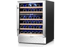 Tylza 24 Inch Wine Cooler Refrigerator 46 Bottle Dual Zone Built-in or Freestanding 24'' Wine Fridge with Stainless Steel & Professional Compressor and Temperature Memory Function
