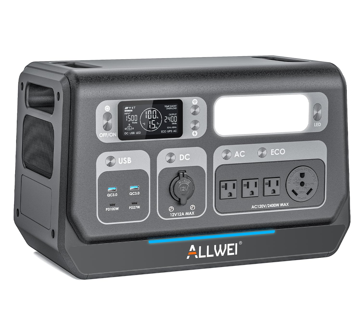 ALLWEI LiFePO4 Portable Power Station 2400W(Surge 4800W), 2048Wh Solar Generator with UPS, 1.5H Fast Charge, 4 AC Outlet, Expandable to 10240Wh, Home Backup Battery for RV Camping Outdoor Emergency