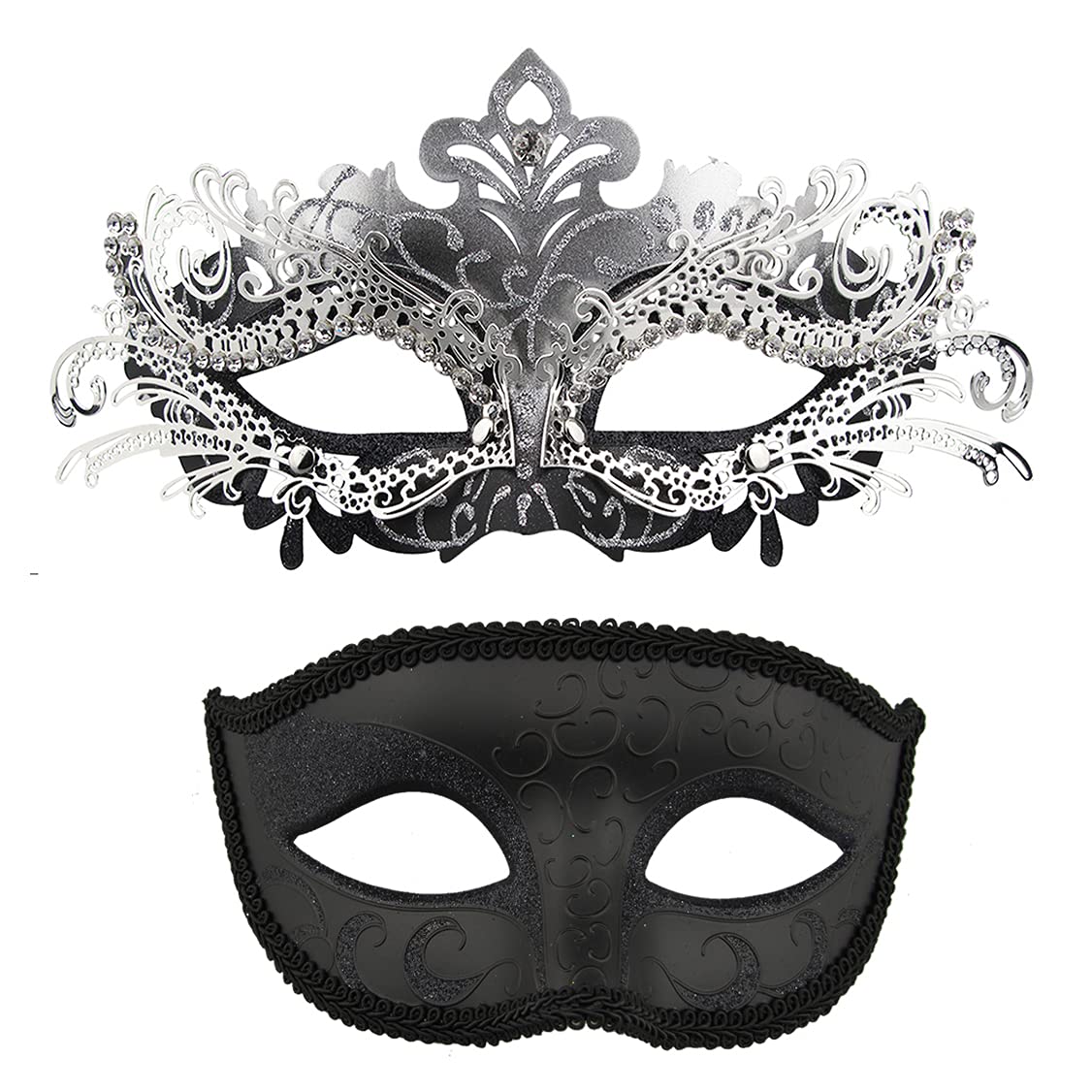 Qavctw Couples Venetian Masquerade Metal Masks for Mardi Gras Halloween Costume Ball Prom Mask 2 Pack