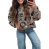 Dasimutko Womens Pullover Sweater Western Print Knit Tops Boho Drop Shoulder Brown Bows & Horseshoes