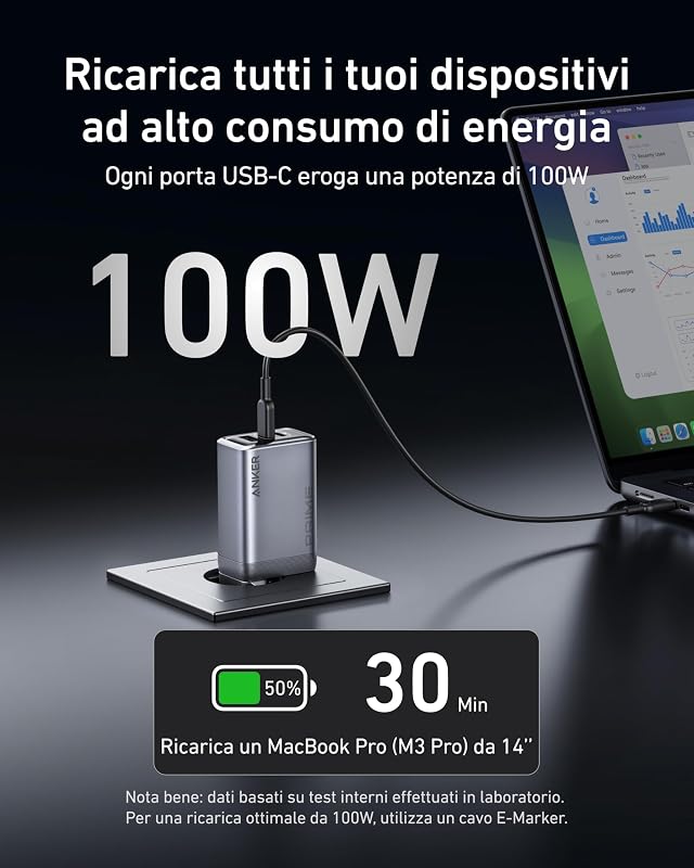 Prime Caricatore USB C 100W GaN, Pieghevole e Compatto, 3 Porte