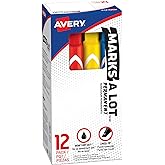 Avery Marks A Lot Permanent Markers, Chisel Tip, 12 Assorted Markers | Labels Boxes, Signs, Desk Style for Easy Storage, Assorted (3 Black, 2 Red, 2 Blue, Green, Brown, Yellow, Purple, Orange)