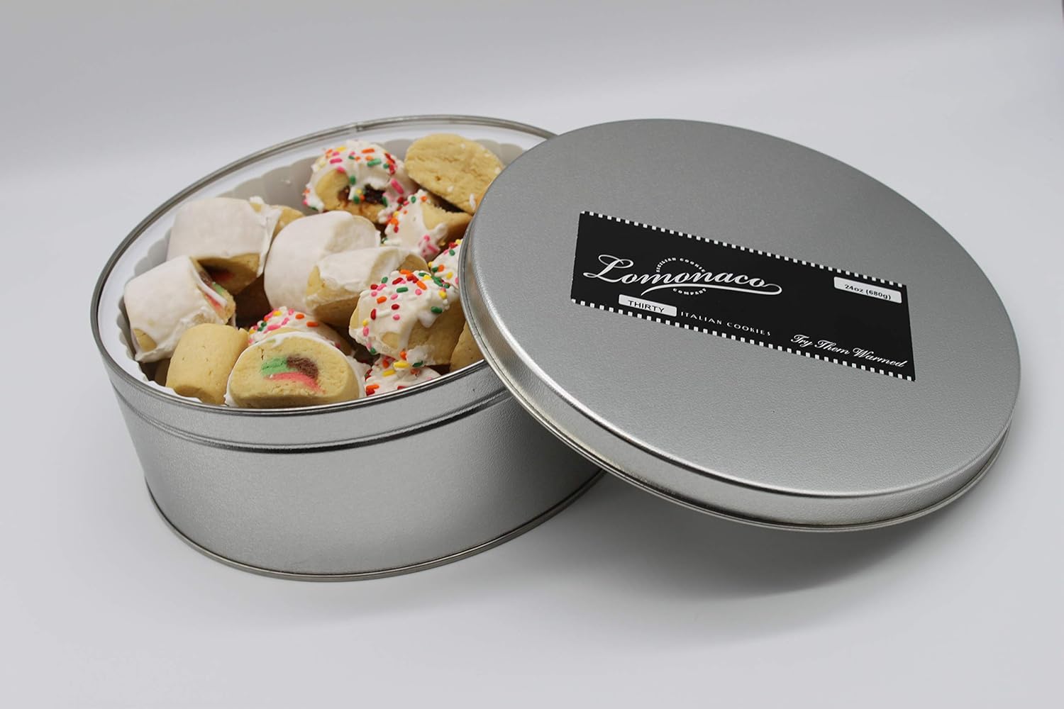 Lomonaco Sicilian Cookies, 30 Count Tin, Assorted, Cucidati (Italian Fig), Lustrato (Glazed), Neopolitano (Tri-Color), Pianura (Plain), Spruzzi (Sprinkled), & Sesamo (Sesame Seeds)