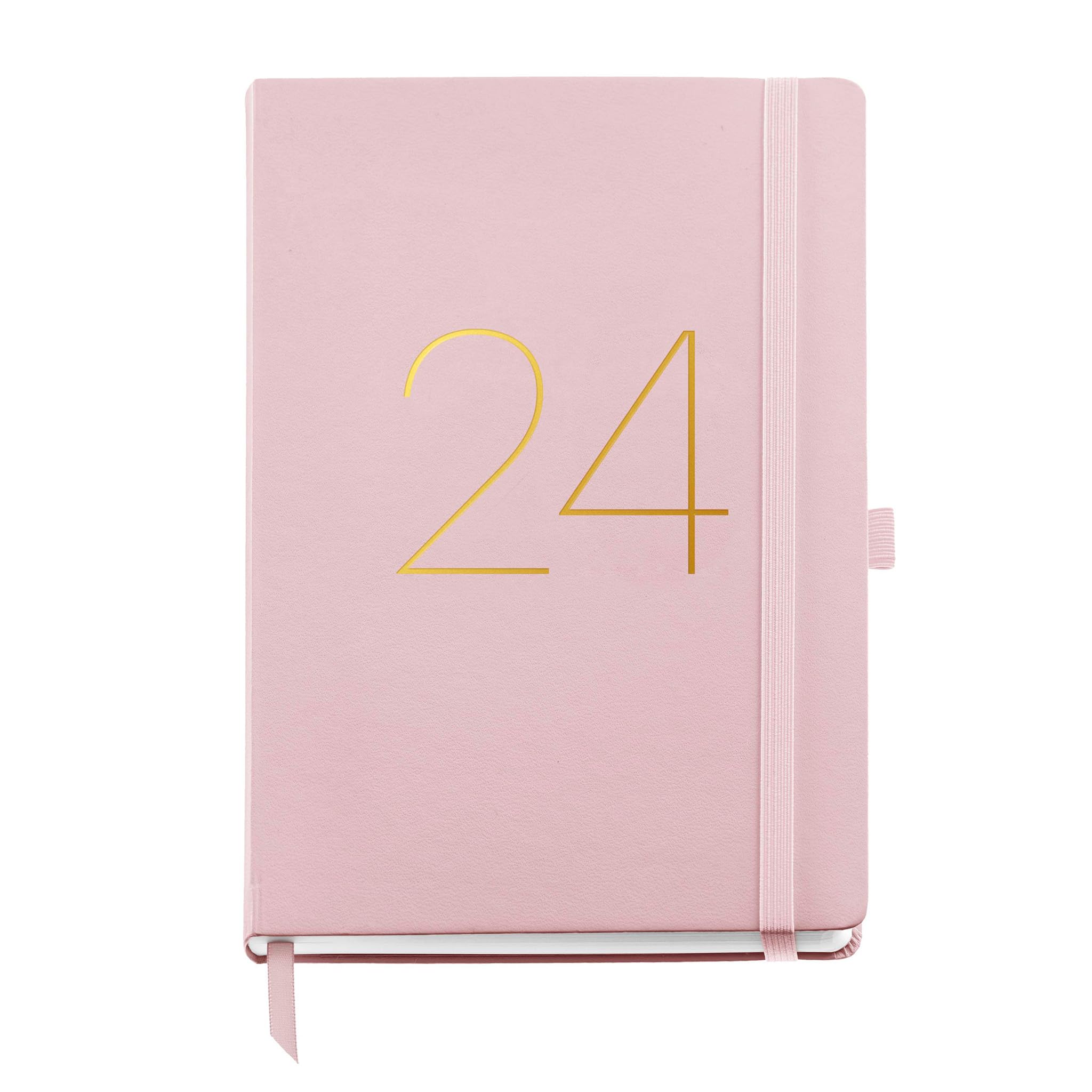 Miquelrius - Annual Planner 2024, Day Page, Plus Size 155 x 213 mm (similar A5), Stitched Leather Hard Cover, Elastic Rubber, Catalan, English and Portuguese, Pink