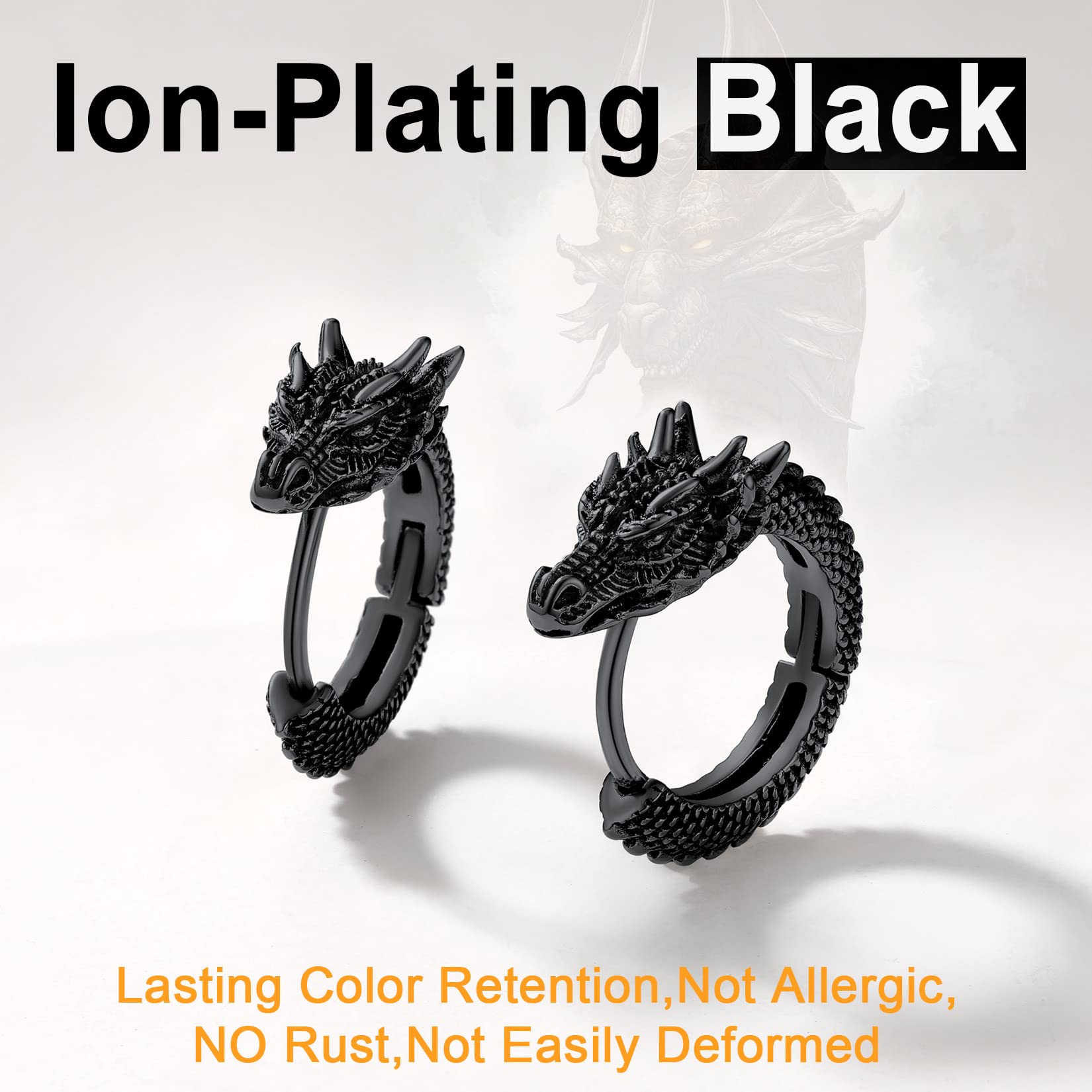 U7 Dragon Earrings Stainless Steel/18K Gold/Black/S925 Sterling Silver Hoop Earrings for Men Women, Personalized Punk Rock Huggie Earrings, Hypoallergenic