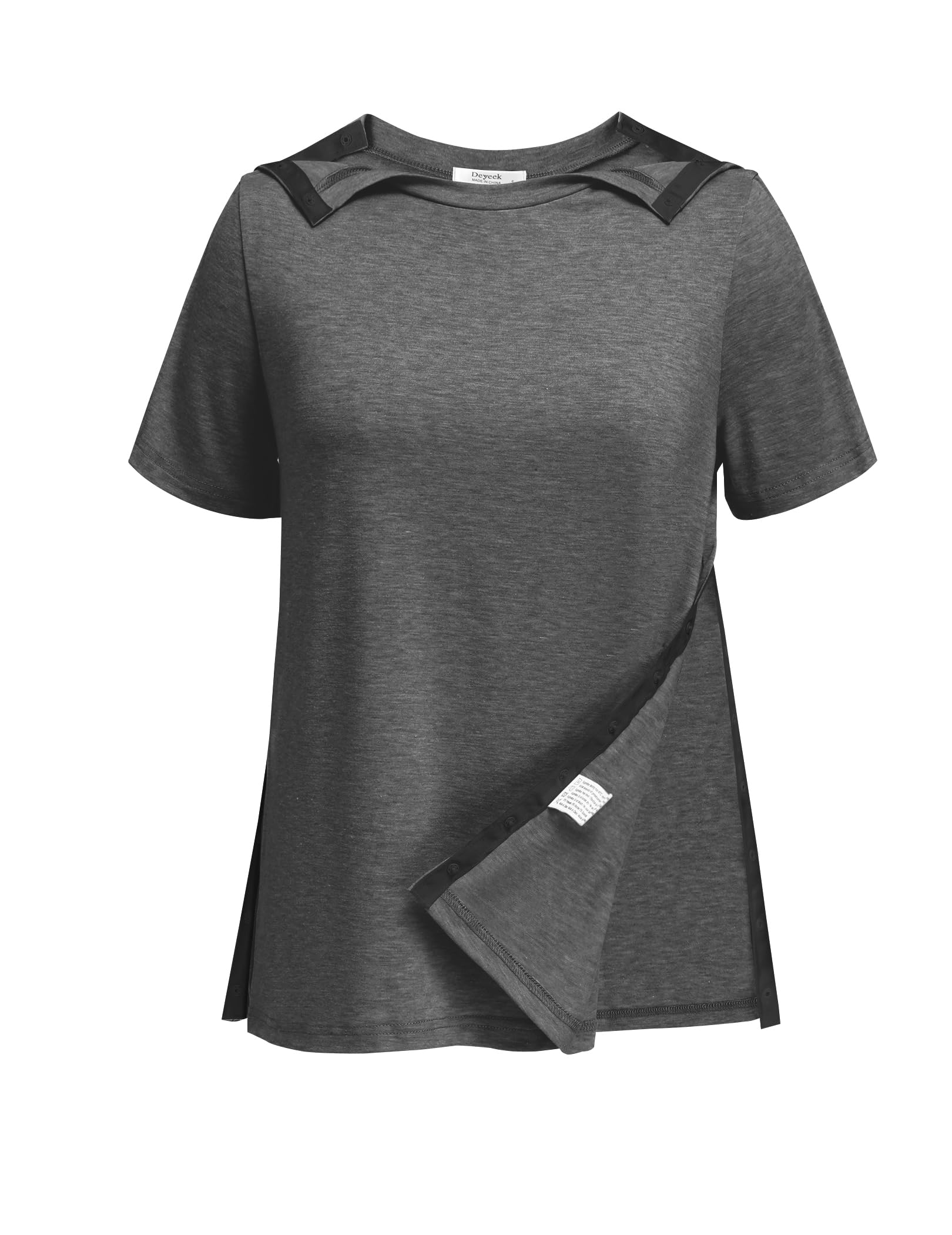 Photo 1 of Deyeek Women Shoulder Surgery Shirt Rotator Cuff Recovery Tear Away Chemo Shirts for Port Access Full Open Side Snap Short Sleeve Hospital Gowns Dark Gray 3XL