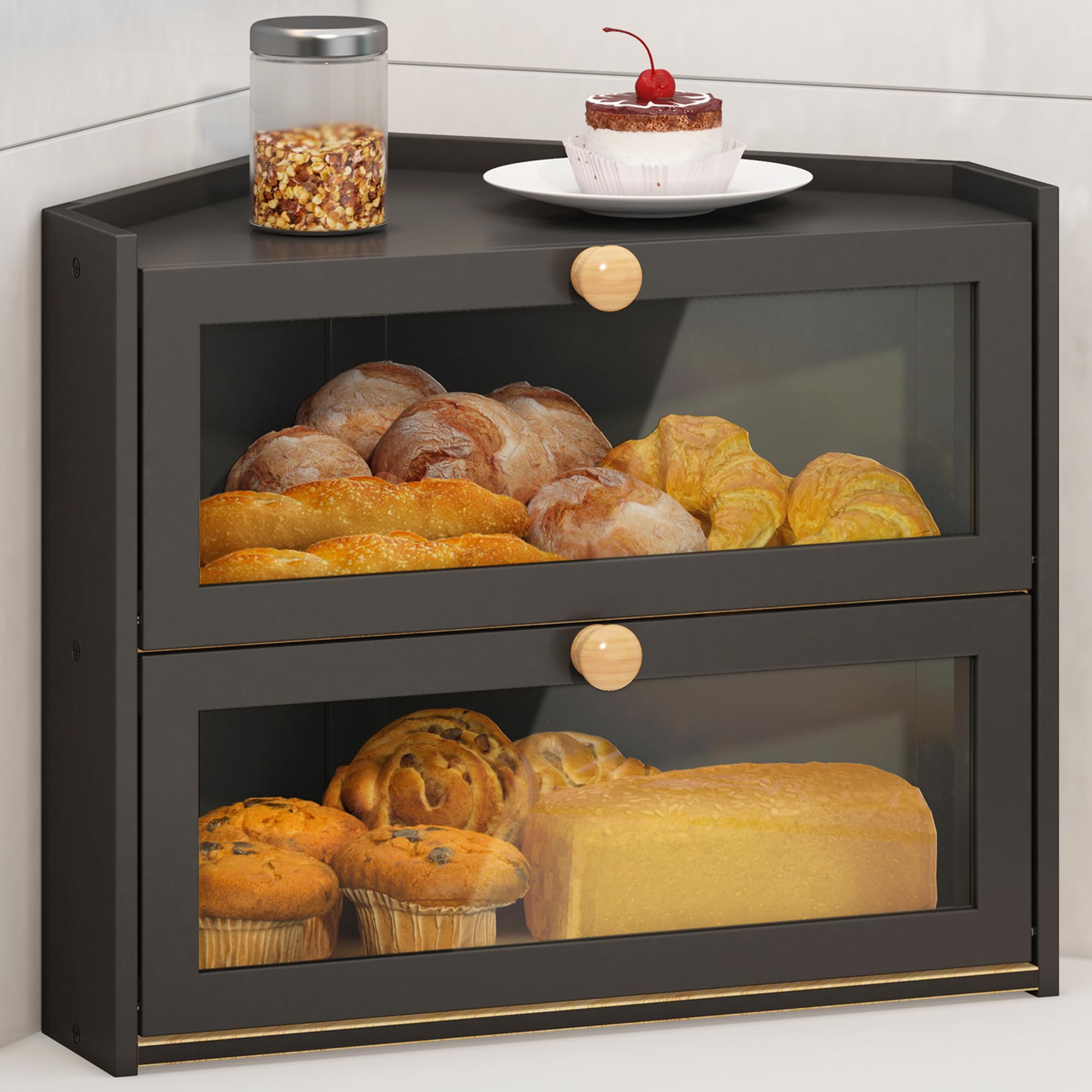 Photo 1 of JANSNIMEN Black Corner Bread Box for Kitchen Countertop, Large Bread Container Storage Bamboo Wooden Farmhouse Bread Box with Window Bread Holder