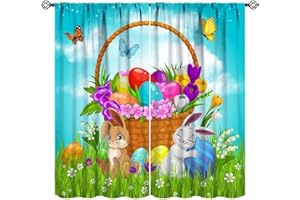 JanJCurt Spring Easter Curtains, Cartoon Bunny Rabbits Butterflies Eggs Happy Easter Theme Print Window Drapes for Children's Room Living Room 63x63in