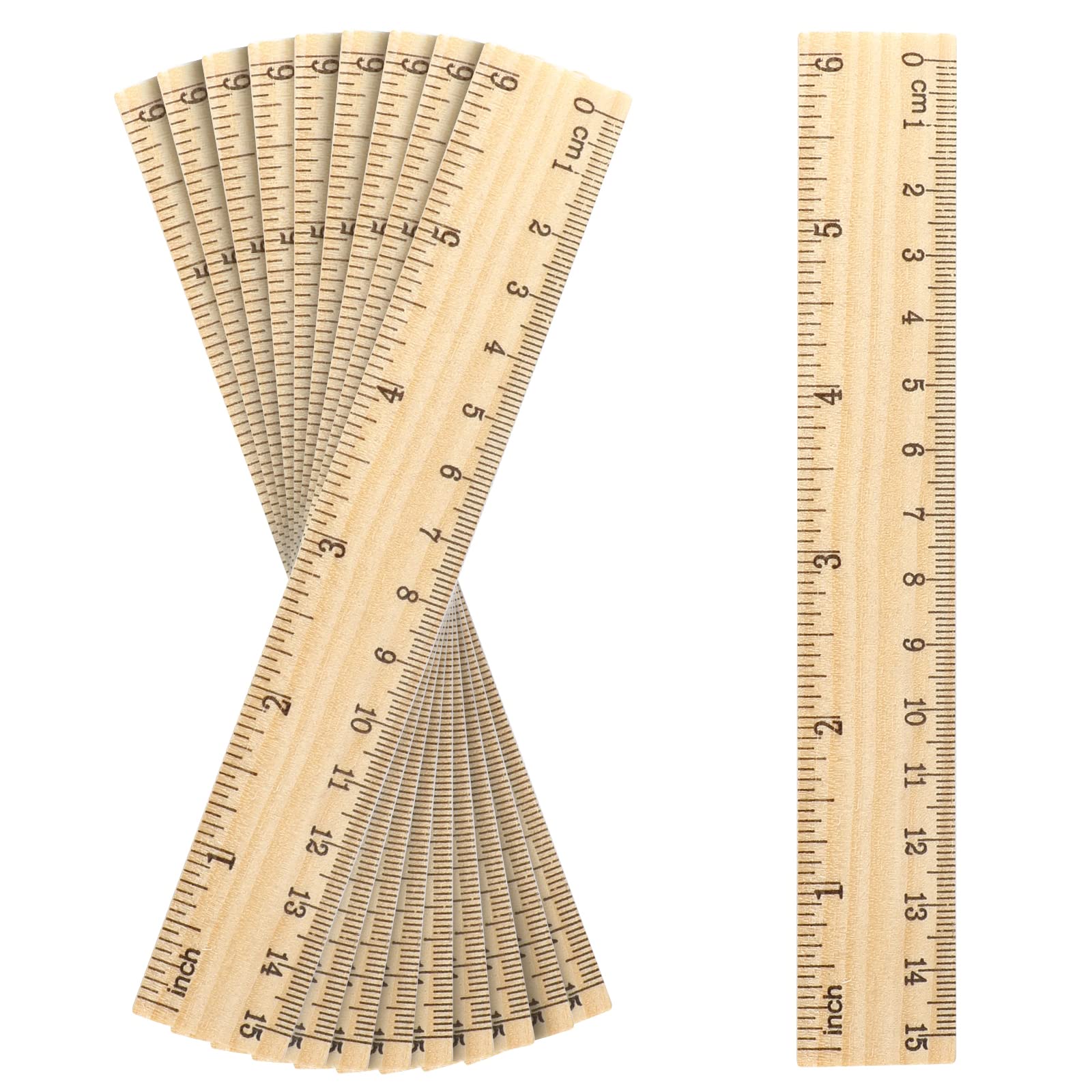 AIEX 10pcs Wooden Rulers with 2 Precise Scales, Single Printed Wooden Rulers Bulk for School Classroom Home Office Crafts, 15cm