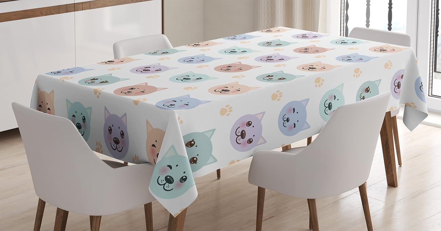 Ambesonne Cat Tablecloth, Smiling Cat Muzzle and Paw Prints