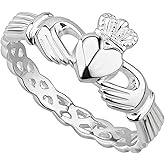 Biddy Murphy Made in Ireland Irish Claddagh Ring for Women 925 Sterling Silver with Braided Band, Traditional Friendship Ring, Love, Marriage, Engagement