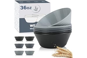 Wrova Wheat Straw Bowl Sets,6 PCS Unbreakable Cereal Bowl 36 OZ,Microwave and Dishwasher Safe Bowls,Soup Bowl Sets BPA Free Eco Friendly Bowl for Serving Soup,Oatmeal and Salad （Black Grey）