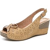 Altxic Women's Peep Toe Bow Hollow Out Slingback Platform Wedge Sandals Perforated Brown 9 US