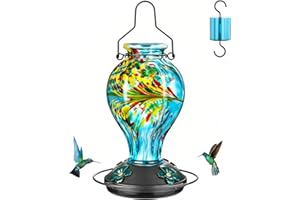 Tegarbed Hand Blown Glass Hummingbird Feeders for Outdoors Hanging, 24oz Wild Bird Nectar Feeder with Ant Moat and Perch, Bee-Resistant Ports, Garden Decor, Gifts for Women Mom, 1 Pack, Blue Phoenix