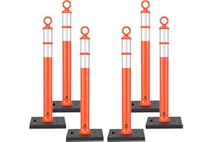 RoadHero 42 Inch Delineator Post with Base, Portable Orange Traffic Delineator Posts Cones with Reflective Collars for Parking Lots, Road Safety, Construction Events (6 Pack)