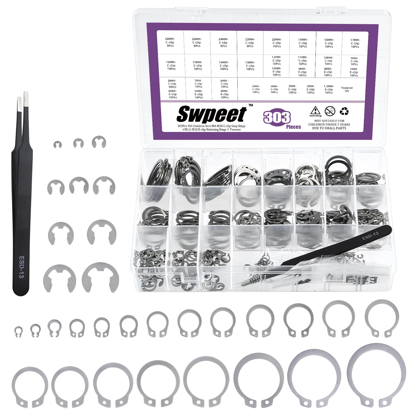 Swpeet 303Pcs 304 Stainless Steel 1.5mm - 10mm E-Clips and M4-M28mm C-Clips External Circlip Snap Retaining Clip Rings with Tweezers Assortment Kit, Circlip Retainer Rings Set for Shafts Moving Parts