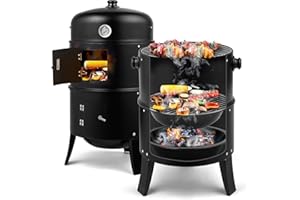 Outvita Vertical 17 Inch Charcoal BBQ Smoker, 3-in-1 Portable Outdoor Grill Cooker with Built-in Thermometer for Outdoor Backyard Cooking Grilling Camping