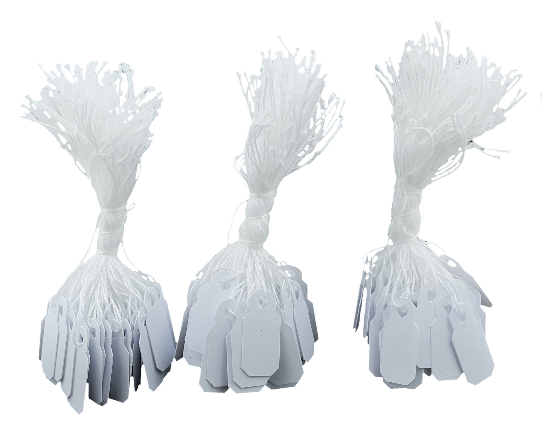 Small White string tags for sale or identification.