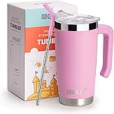 Mollcity Insulated Coffee Mug with Lid and Handle -20 oz Stainless Steel Vacuum Tumbler Travel Cup with Straw for Kids and Girls, Leak Proof & BPA Free, Purple Pink