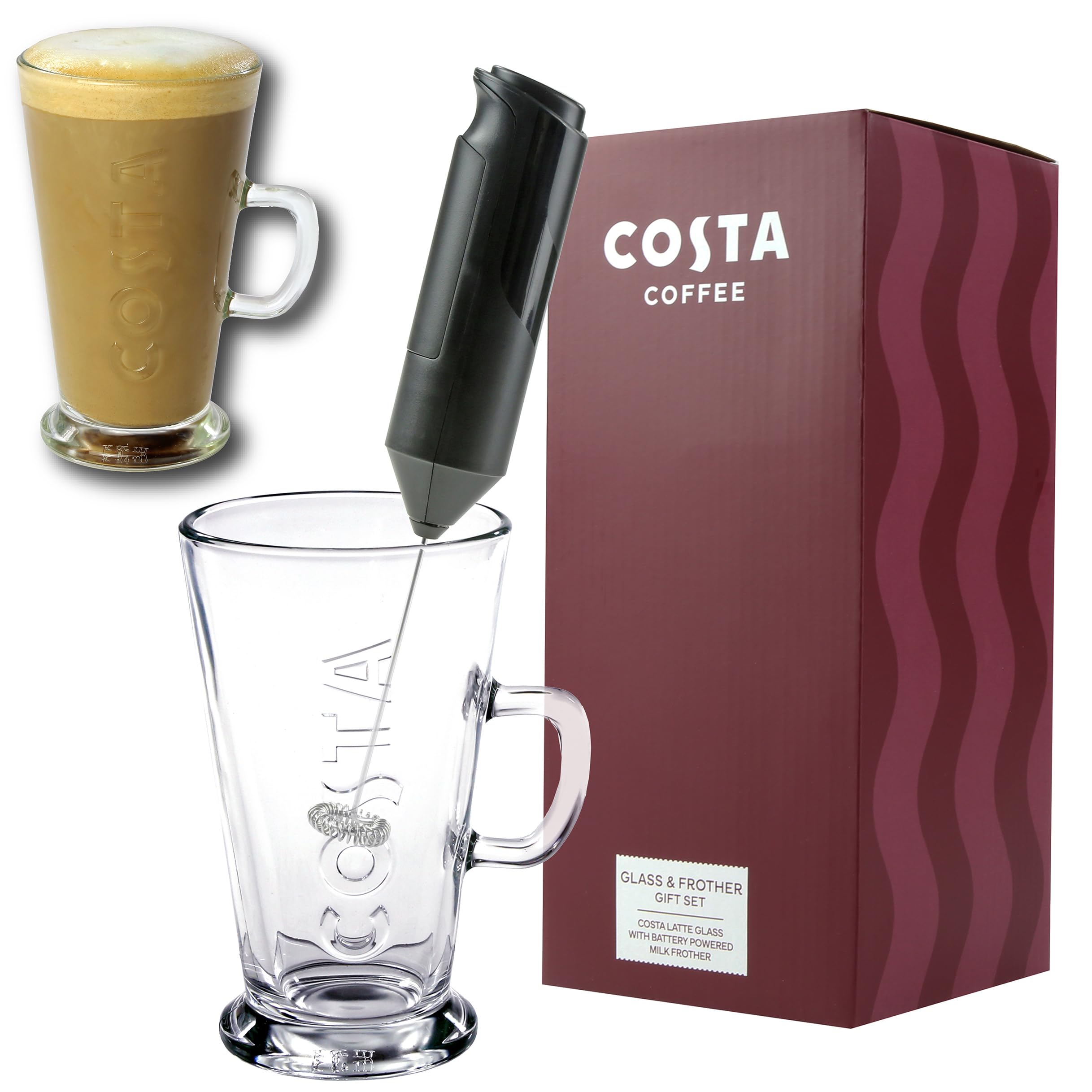 Kimm & Miller Costa Coffee Luxury Gift Set with Latte Glass Coffee Cup & Electric Milk Frother