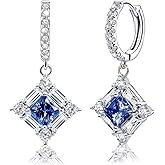 Blue Dangle Hoop Earrings for Women Sterling Silver Sapphire Cubic Zirconia Square Hoop Earrings with Cz Charm Sparkling Crystal Huggie Jewelry for Women Mother's Day Gifts for Mom Bridal Wedding