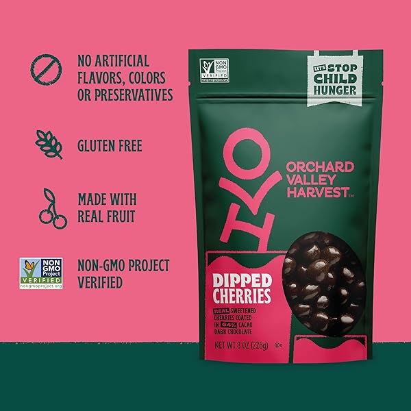 ORCHARD VALLEY HARVEST DARK CHOCOLATE DIPPED CHERRIES, MADE WITH REAL CHERRIES, GLUTEN FREE, NON-GMO, NO ARTIFICIAL COLORS, STAND UP BAG, 8 OZ (PACK OF 1), ON-THE-GO SNACK FOR THE WHOLE FAMILY