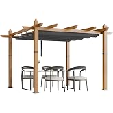 10x10 Ft Outdoor Retractable Pergola Aluminium Pergola Canopy with Adjustable Roof, Upgraded Faux Wood Grain Modern Metal Patio Pergola for Deck, Backyard Garden, Porch, Grape Trellis, Grey