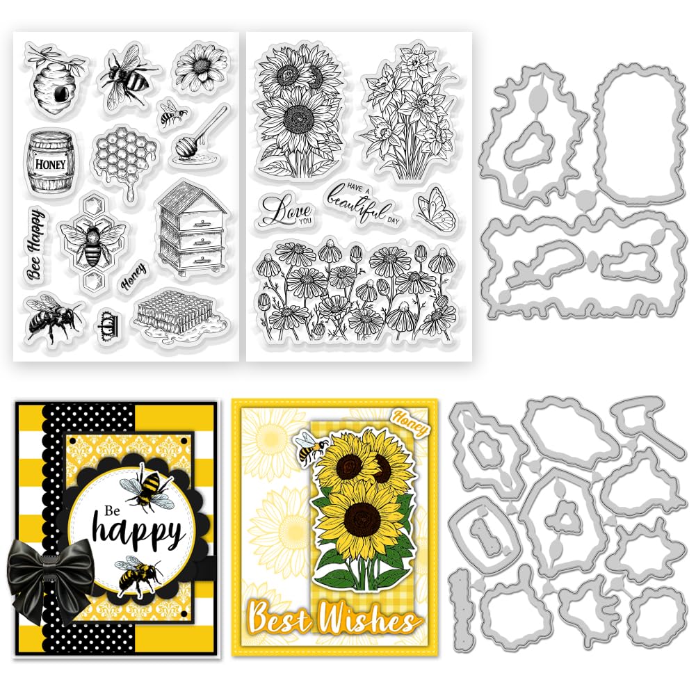 Photo 1 of ACRNIGHEET 40Pcs Bees Sunflowers Clear Stamps and Dies for Card Making Metal Cutting Die Sets Sunflowers Honey Die Cuts for Album Paper Scrapbooking Photo Journal DIY Crafting