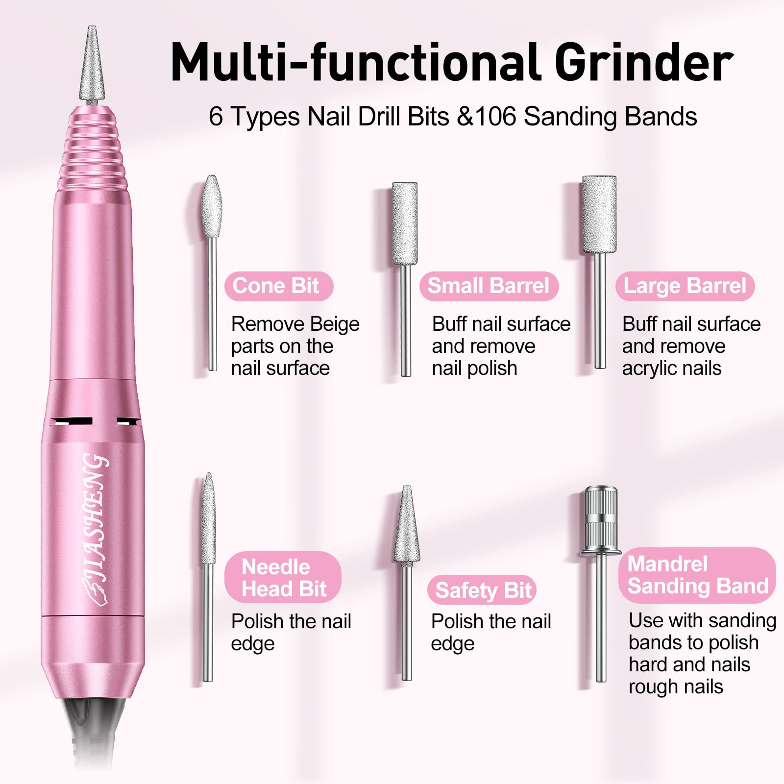20000RPM Electric Nail Drill Professional Nail File Drill Acrylic Nails Kit for Manicure Gel Nail Polish Remover with 1 Pack of Sanding Bands(Pink) - Image 4