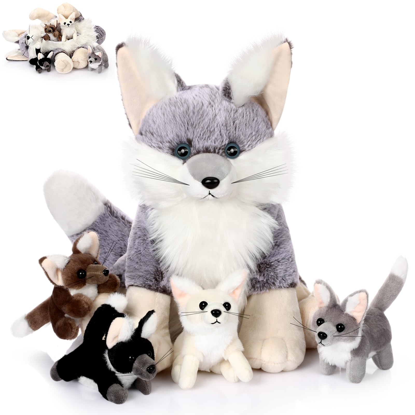 Photo 1 of HyDren 5 Pcs 13.4 Inch Large Fennec Fox Stuffed Animal with 4 Cute Babies Fox Animals Plush Toys Gift for Christmas Birthday Holiday Baby Shower Party Decor(Gray,Sitting)