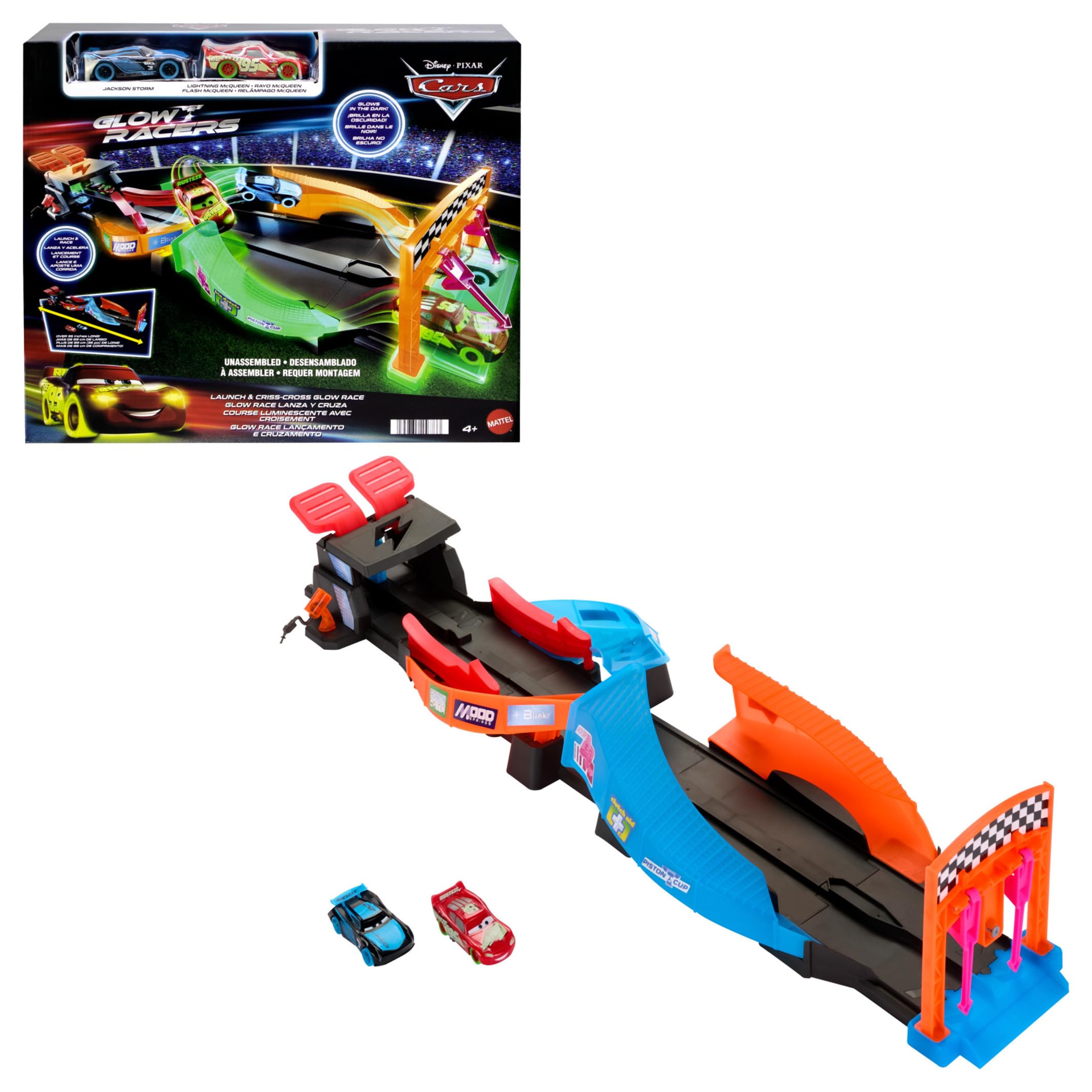 Mattel Disney and Pixar Cars Glow Racers Launch ‘N Criss-Cross Playset with 2 Glow-in-the-Dark Toy Cars Including Lightning McQueen & Jackson Storm, HPD80