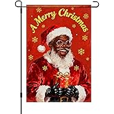 HOMETITUTE A Merry Christmas African American Black Santa Garden Flag 12x18 Inch Double Sided Santa with Gift Box Red Snowflake Flags Holiday Outdoor Winter Yard Banner Christmas Welcome Flag