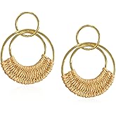 Leeniuniu Geometric Round Circle Raffia Hoop Earrings for Women Straw Wicker Rattan Dangle Statement Drop Earrings