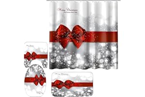 Yddsky 4 Pcs Xmas Element Waterproof Tub Curtains with Bath Rugs, Washable Non-Slip Mat,Christmas Shower Curtain Set for Bathroom Decorations,Toilet Cover and Hooks for Holiday Inside Outside Decor
