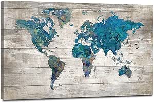 Amazon.com: Yiijeah Abstract Watercolor Blue World Map Canvas Wall Art