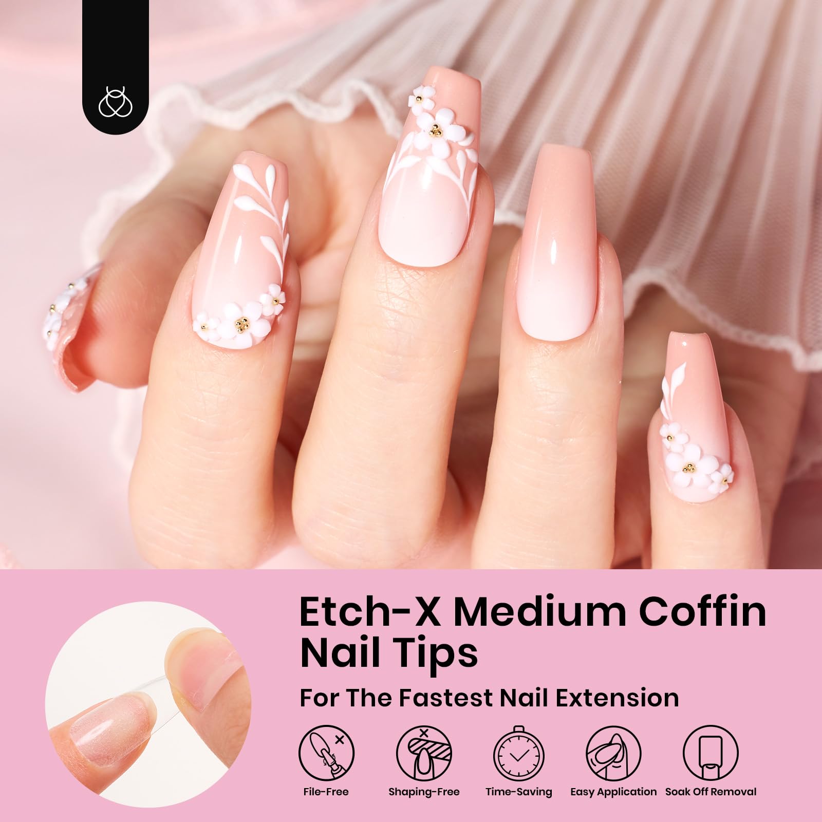 Beetles Gel Nail Tips Medium Coffin 576PCS Etch X Nail Tips, 12 Sizes Pre Shaped Half Matte Press On Nails Full Cover False Nails Acrylic Nails Glue on Nails Extensions Set for Women Home DIY - Image 3