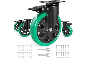 6 Inch Caster Wheels, Casters Set of 4 Heavy Duty, BZOLIHEU Locking Casters, Silent Top Plate Swivel Caster with Brake, Polyurethane Green Castor Wheels for Furniture and Workbench Cart