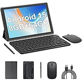 Tablet 10 Inch Android 14 Tableta, 2 in 1 Tablets with Keyboard Mouse Case Stylus, 8GB RAM+64GB ROM Support 1TB expansion, 2M