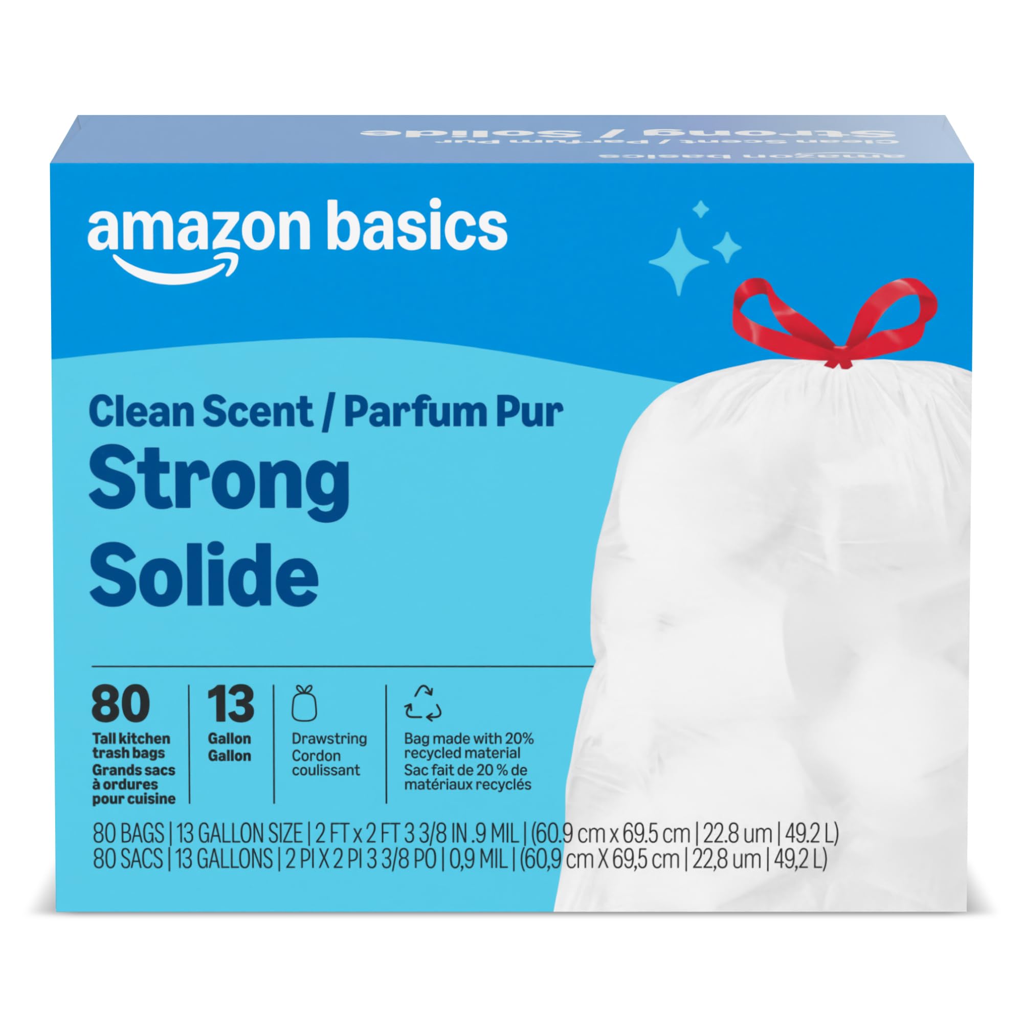 Amazon Basics Tall Kitchen Drawstring Trash Bags, Clean Scent, 13 Gallon, 80 Count, Packaging May Vary
