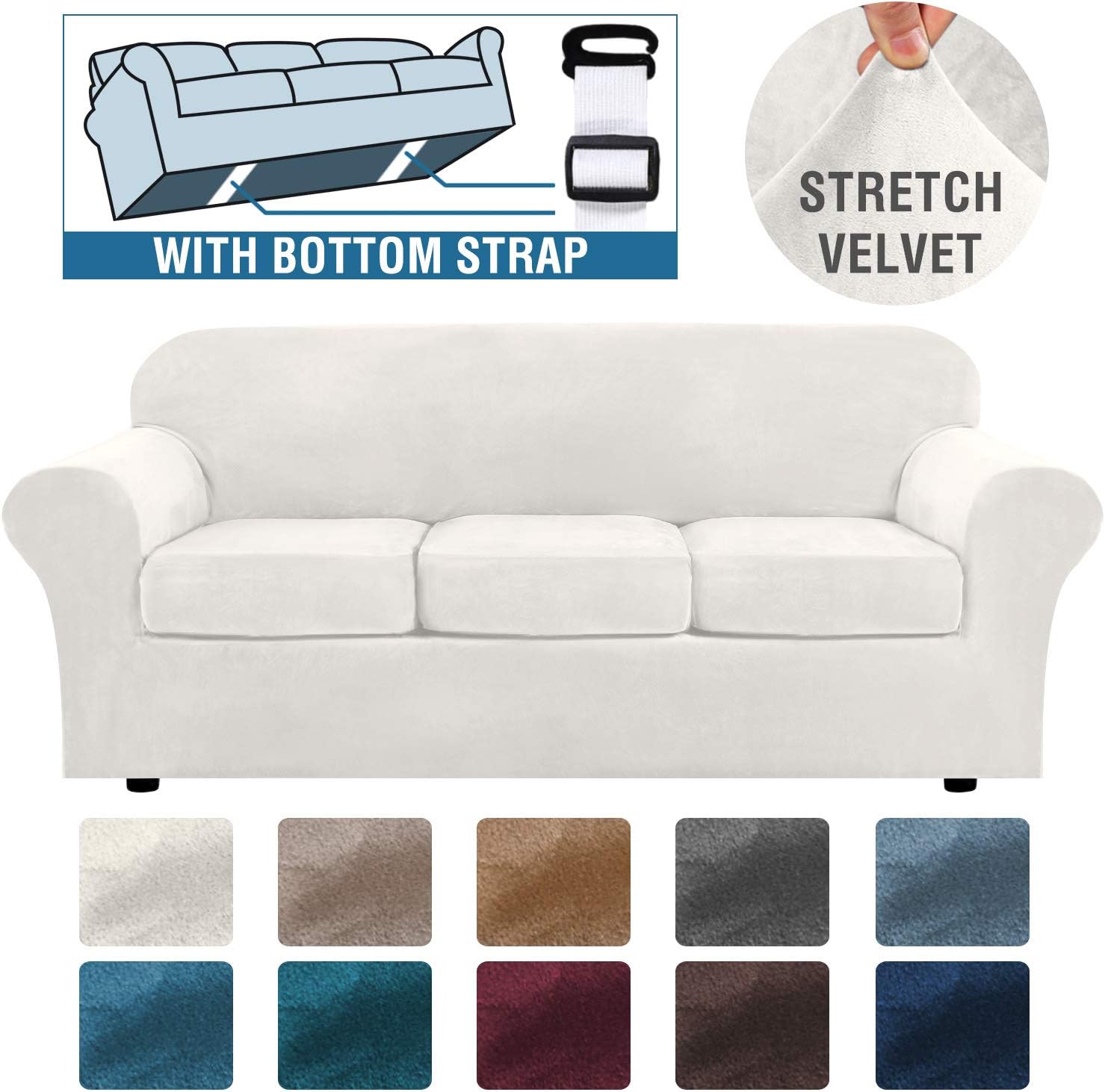 H.VERSAILTEX Modern Velvet Plush 4 Piece High Stretch Sofa Slipcover Strap Sofa Cover Furniture Protector Form Fit Luxury Thick Velvet Sofa Cover for 3 Cushion Couch, Machine Washable(Sofa,Ivory): Kitchen & Dining
