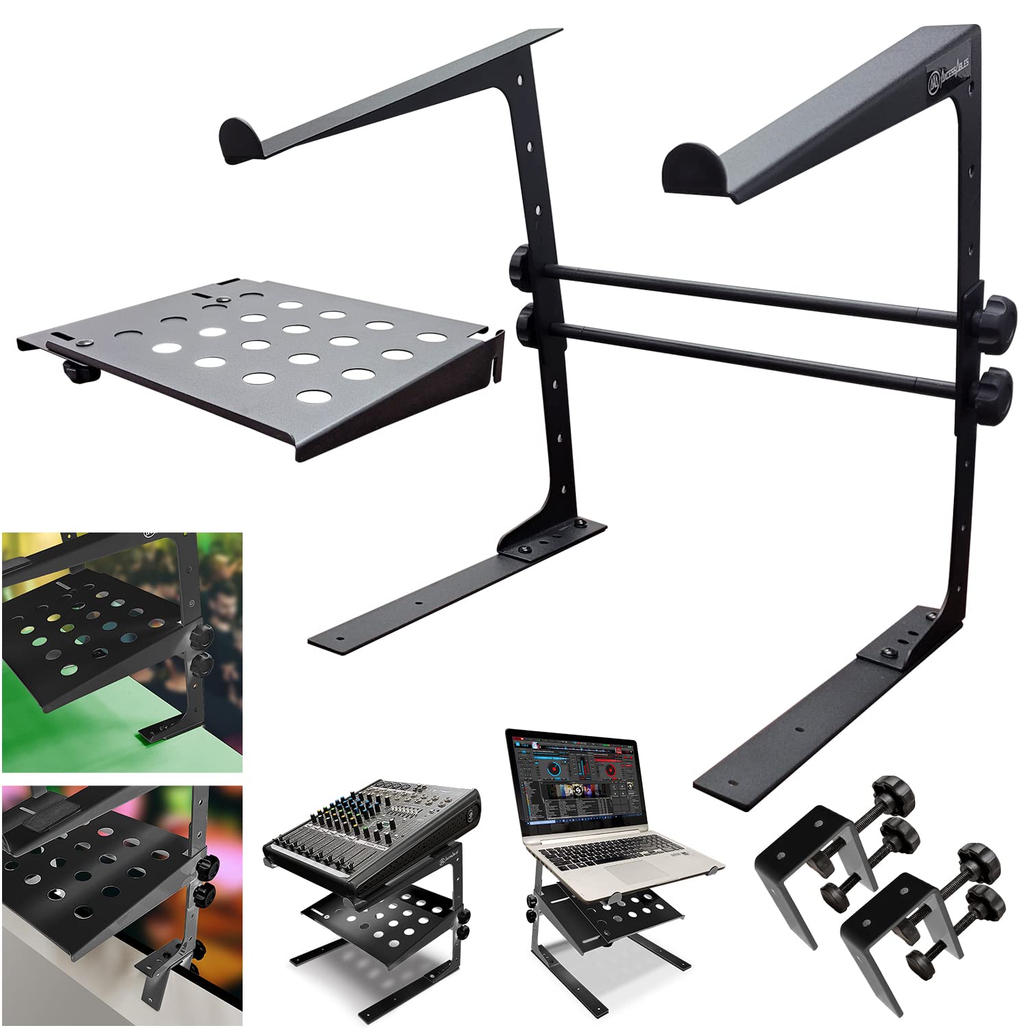 AxcessAbles Two-Tier Adjustable DJ Stand with Clamps | For DJ Controllers, Music Mixers, Laptops up to 20lbs.| DJ Controller Stand Compatible with DDJ-REV1, DDJ-FLX4 | DJ Laptop Stand (LTS-03 Black)